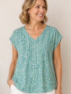 Chico's 2 L 12 14 Colorful Geometric Squares Cap Sleeve Cotton Stretch Knit Top